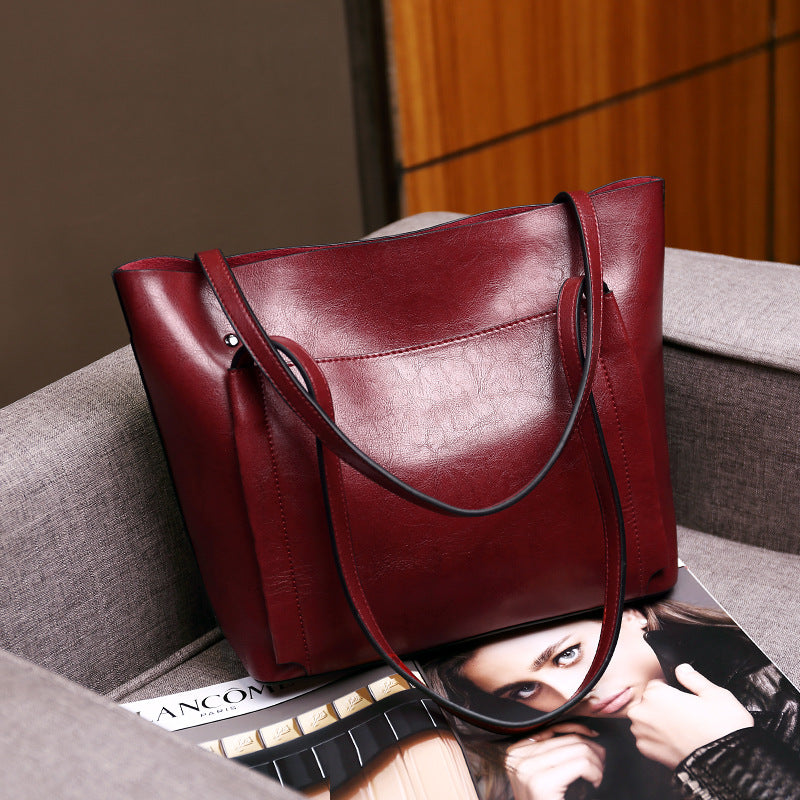 2023 spring and summer fashionable women's large bag single shoulder crossbody bag simple waxed leather handheld women's tote bag new foreign trade product