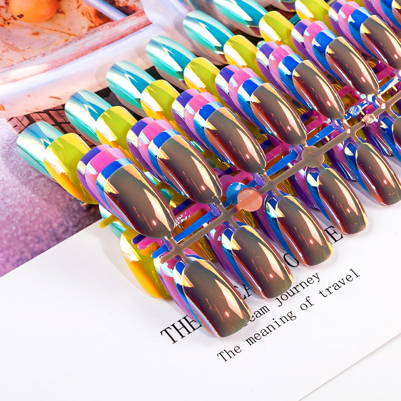 Zhifei manicure finished product 24 pieces of electroplated magic mirror Internet celebrity chameleon neon nail patches nail wear