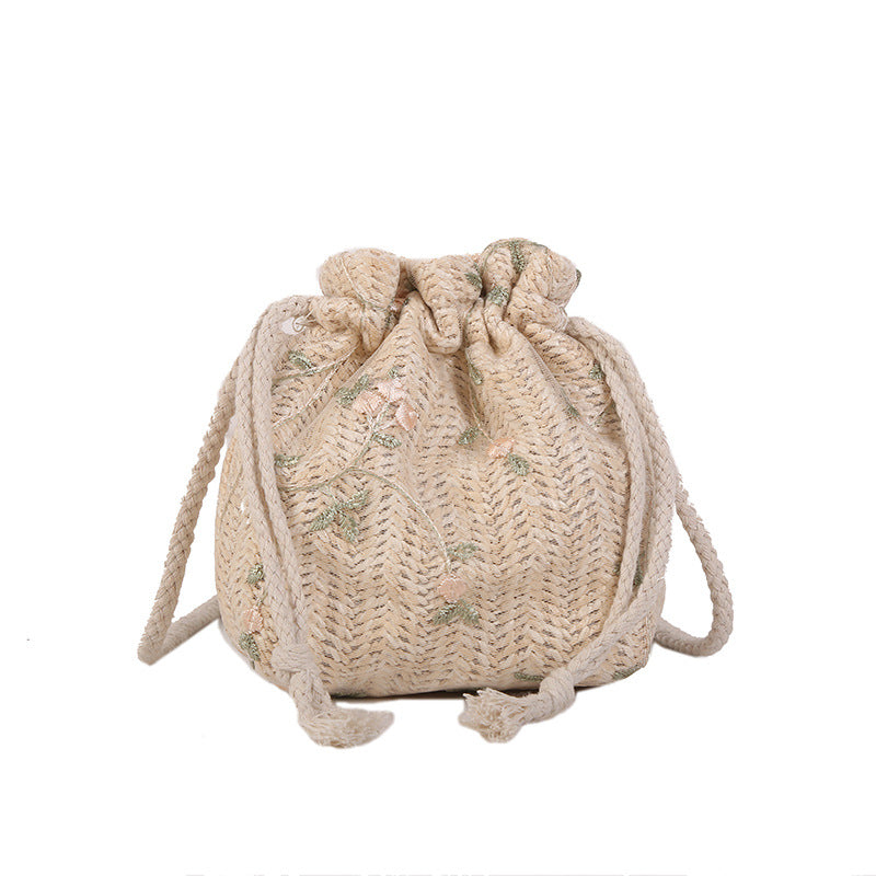 Woven bags for women 2022 new trendy fashion lace versatile ins drawstring bucket bag single shoulder crossbody straw bag