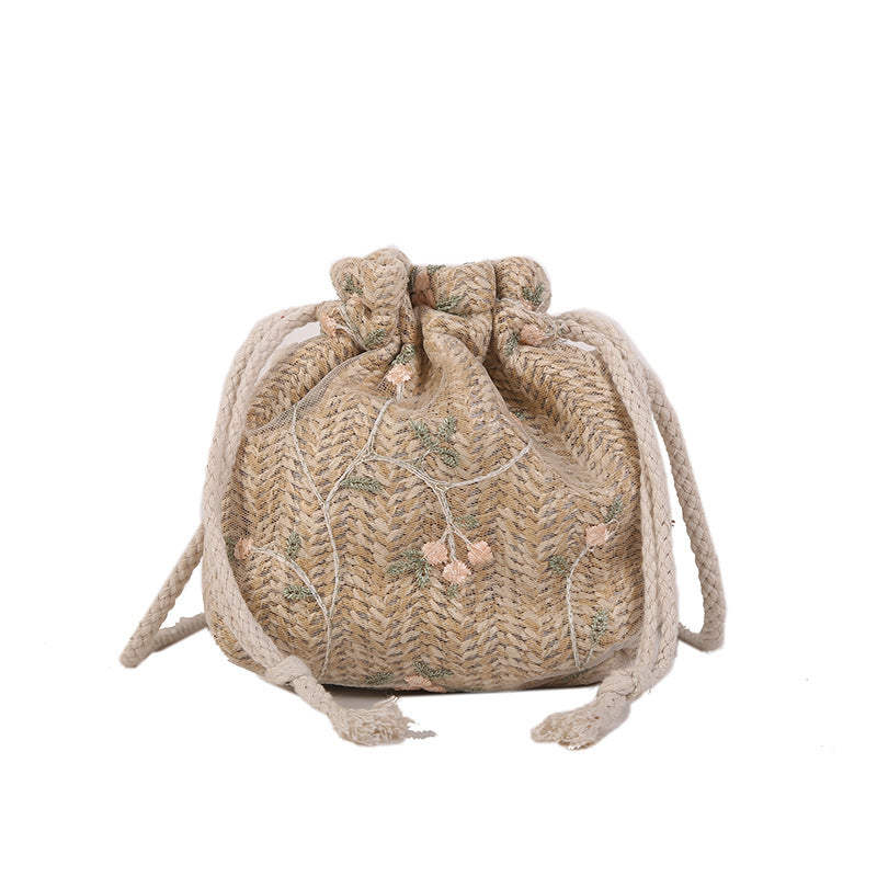Woven bags for women 2022 new trendy fashion lace versatile ins drawstring bucket bag single shoulder crossbody straw bag