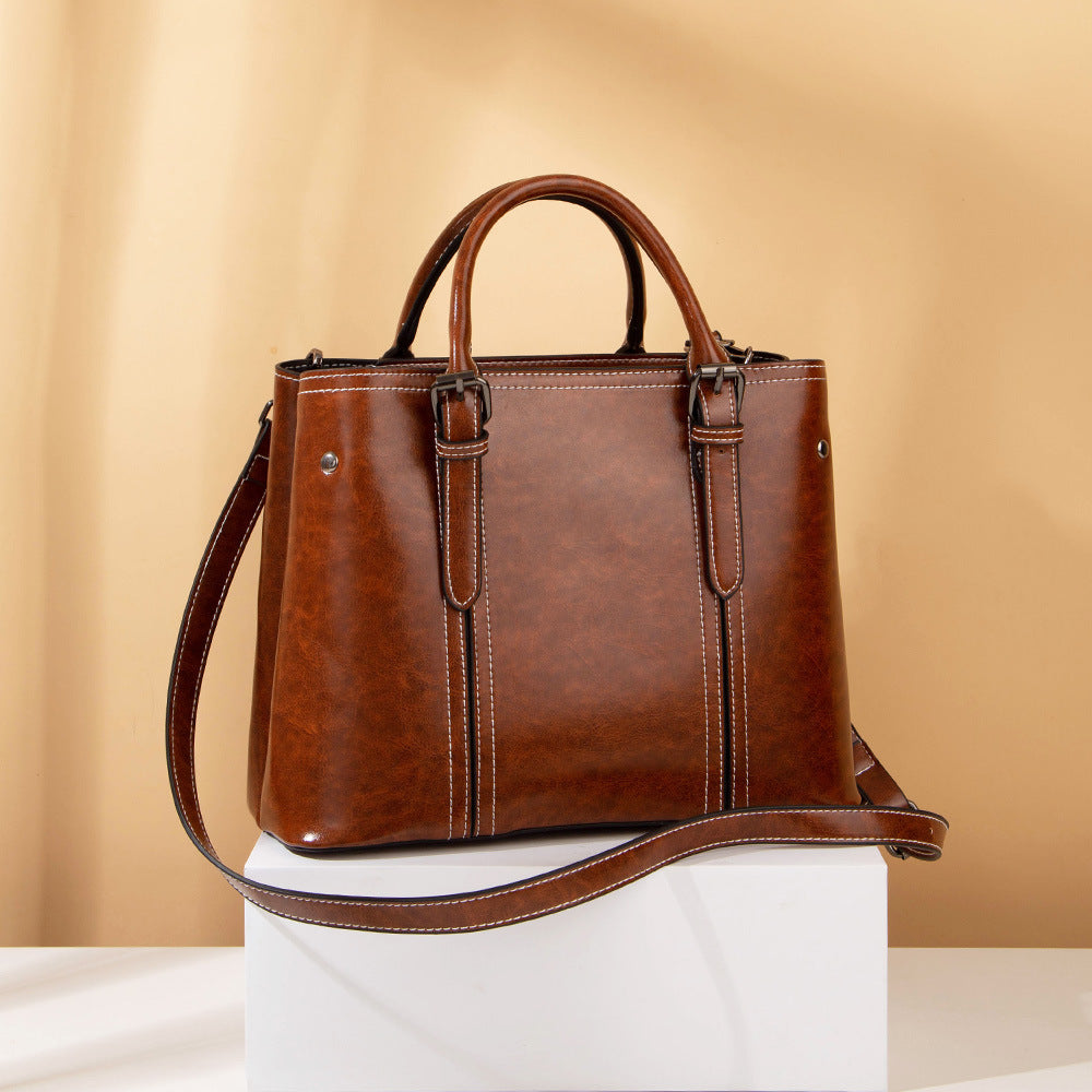 Bags 2023 Spring and Summer New Women's Bags European and American Fashion Retro Style Tote Bag Hand-held Shoulder Oil Wax Crossbody Bag Trendy