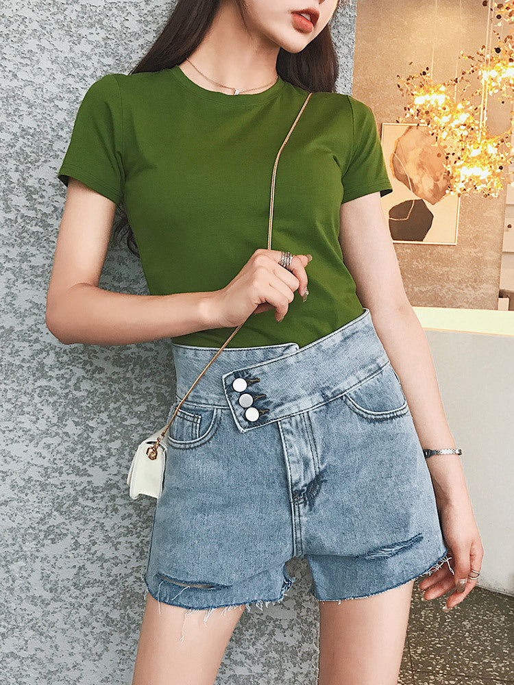 T021 avocado t-shirt women's high waist short-sleeved 2022 new Korean version tight body and mind machine niche matcha green top