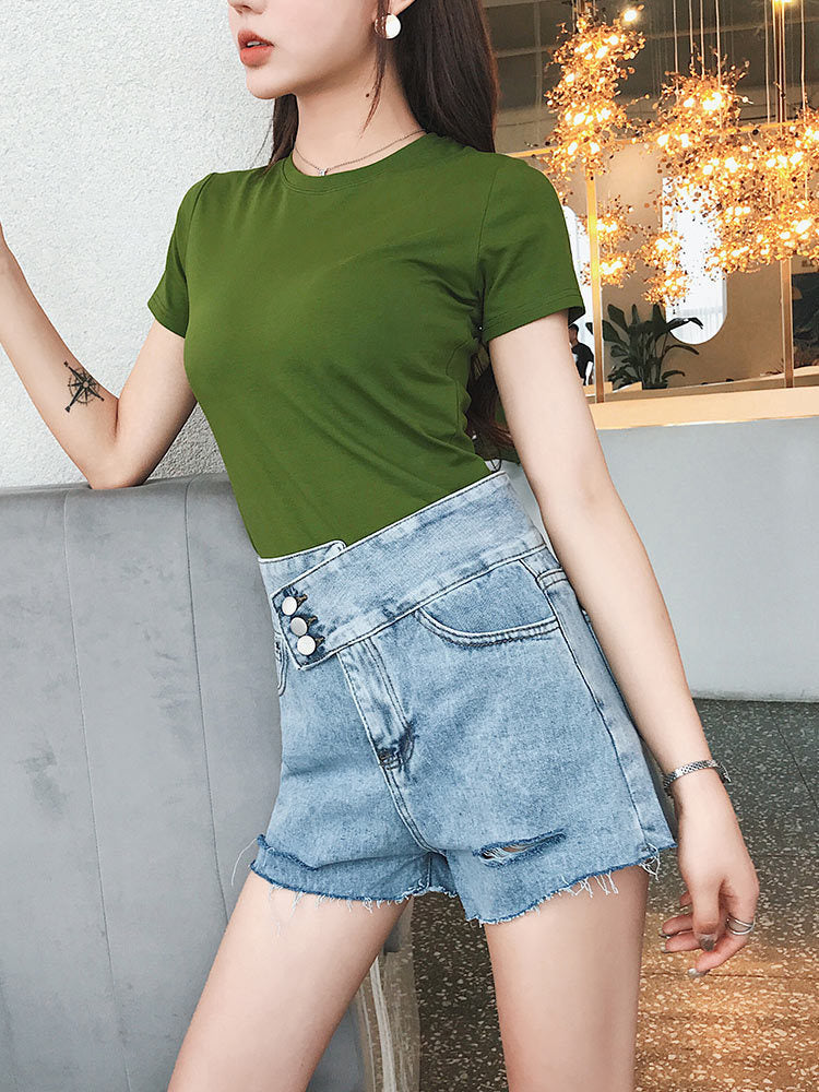 T021 avocado t-shirt women's high waist short-sleeved 2022 new Korean version tight body and mind machine niche matcha green top
