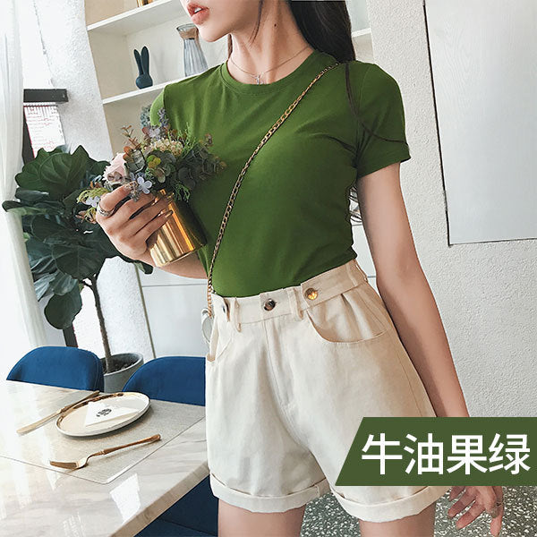 T021 avocado t-shirt women's high waist short-sleeved 2022 new Korean version tight body and mind machine niche matcha green top