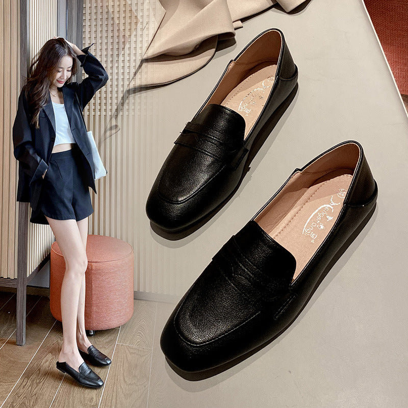 New women's 2024 new soft sole toad shoes fairy style evening shoes flat bottom British style square head slip-on loafers