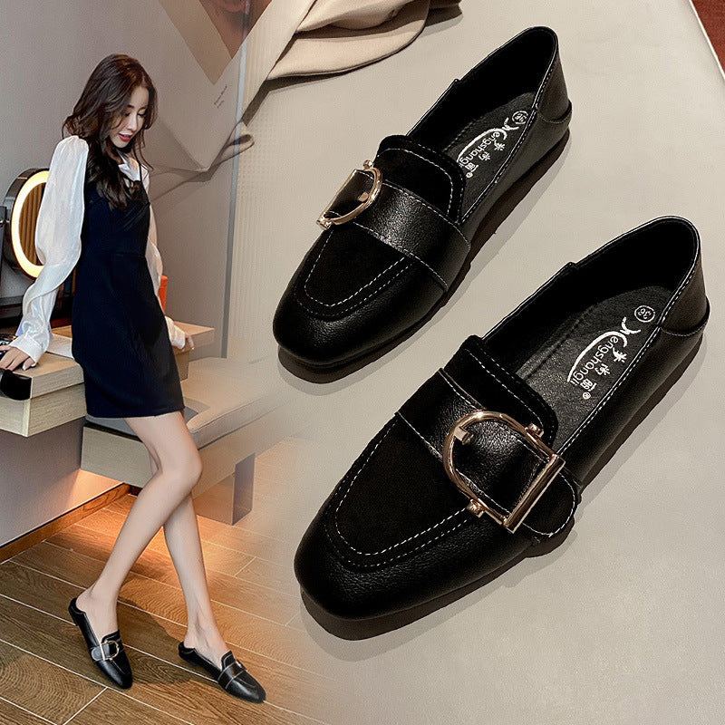2023 new shallow mouth single shoes women's summer all-match flat bottom square head gentle fairy soft bottom slip on grandma shoes women