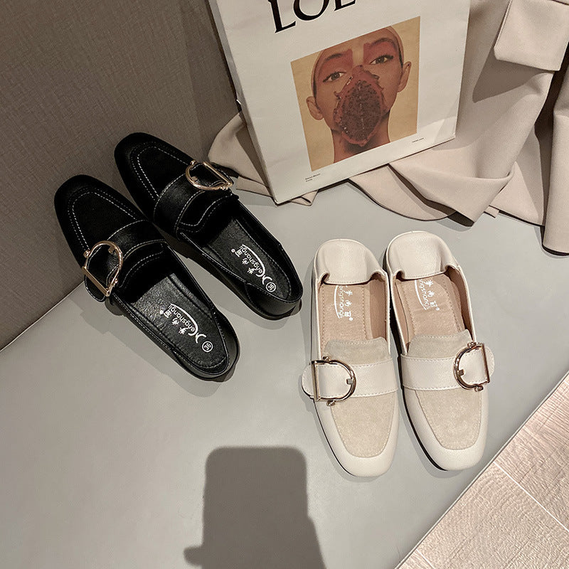 2023 new shallow mouth single shoes women's summer all-match flat bottom square head gentle fairy soft bottom slip on grandma shoes women