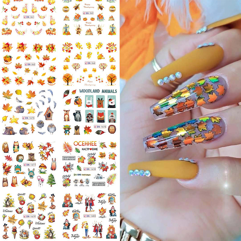 Nail art accessories sticker 12 in one large watermark sticker cartoon butterfly squirrel autumn maple leaf nail sticker