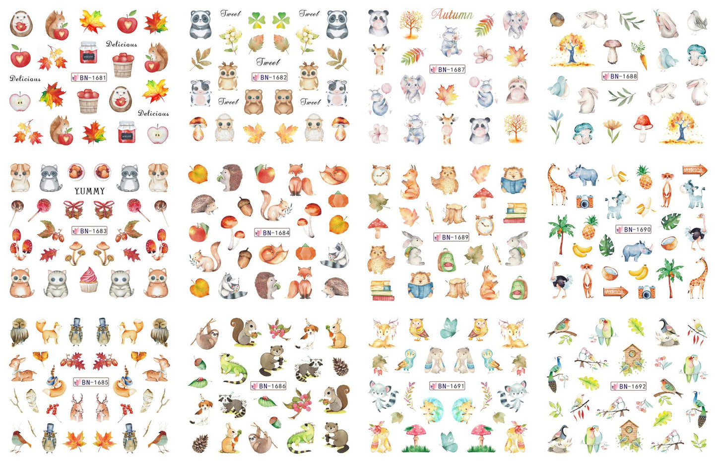 Nail art accessories sticker 12 in one large watermark sticker cartoon butterfly squirrel autumn maple leaf nail sticker