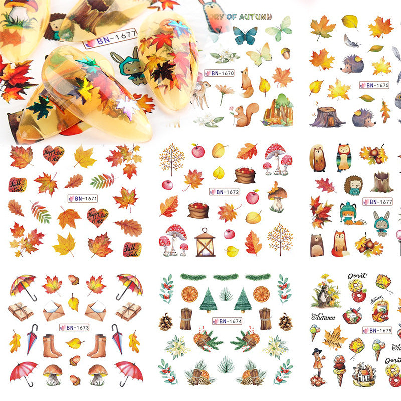 Nail art accessories sticker 12 in one large watermark sticker cartoon butterfly squirrel autumn maple leaf nail sticker