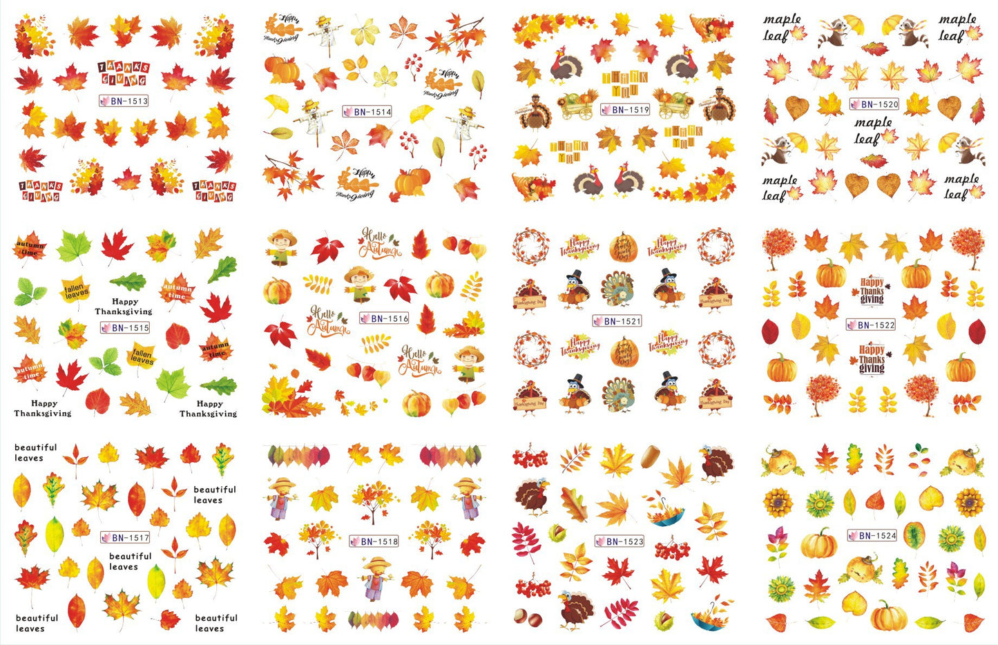 Nail art accessories sticker 12 in one large watermark sticker cartoon butterfly squirrel autumn maple leaf nail sticker