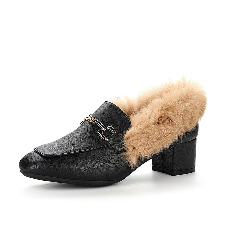 Doudou shoes women's autumn velvet mid-heel small leather shoes women's slip-on fur shoes women's winter outerwear thick-heeled Muller shoes