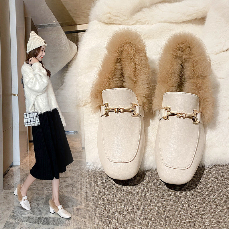 Doudou shoes women's autumn velvet mid-heel small leather shoes women's slip-on fur shoes women's winter outerwear thick-heeled Muller shoes