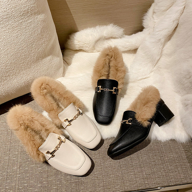 Doudou shoes women's autumn velvet mid-heel small leather shoes women's slip-on fur shoes women's winter outerwear thick-heeled Muller shoes