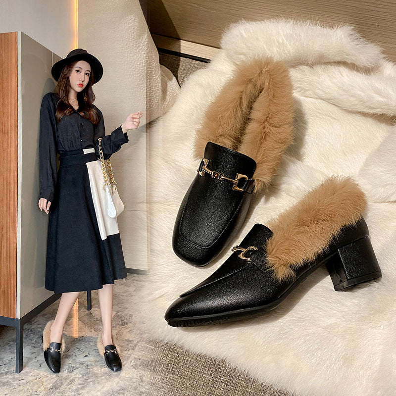 Doudou shoes women's autumn velvet mid-heel small leather shoes women's slip-on fur shoes women's winter outerwear thick-heeled Muller shoes