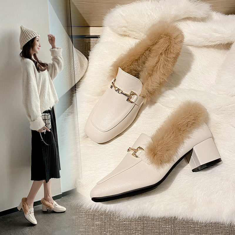 Doudou shoes women's autumn velvet mid-heel small leather shoes women's slip-on fur shoes women's winter outerwear thick-heeled Muller shoes