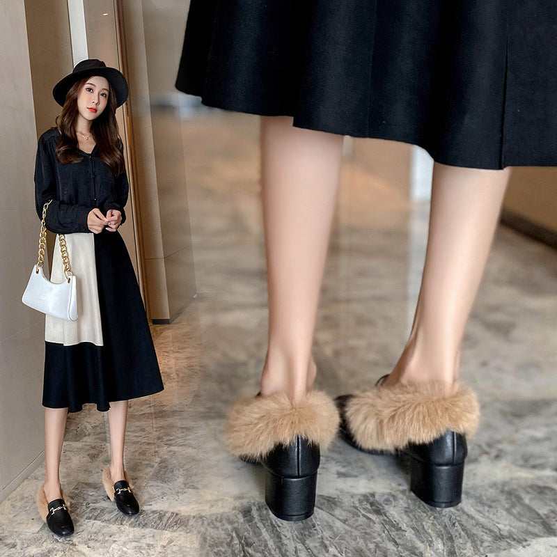 Doudou shoes women's autumn velvet mid-heel small leather shoes women's slip-on fur shoes women's winter outerwear thick-heeled Muller shoes