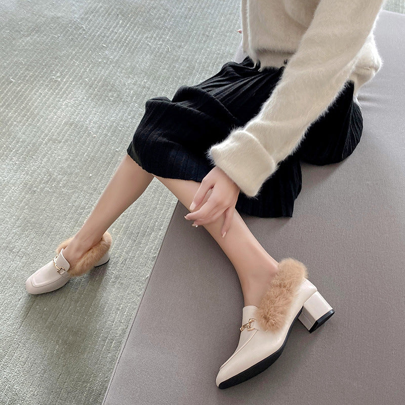 Doudou shoes women's autumn velvet mid-heel small leather shoes women's slip-on fur shoes women's winter outerwear thick-heeled Muller shoes