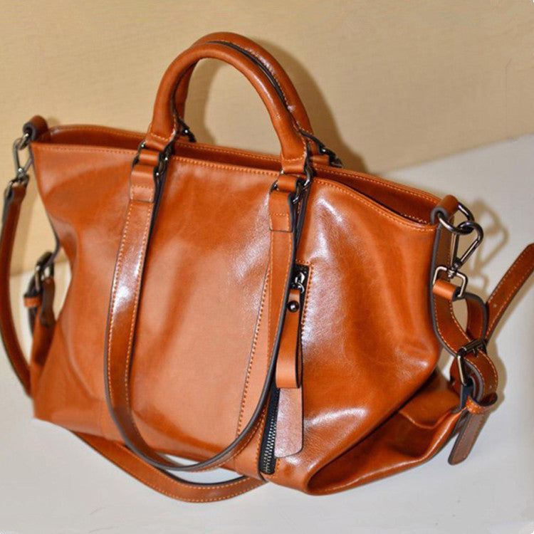 2023 New Oil Waxed Leather Women's Bag European and American Large Bag Trendy Fashion Bag Portable One Shoulder Crossbody One Piece Dropshipping