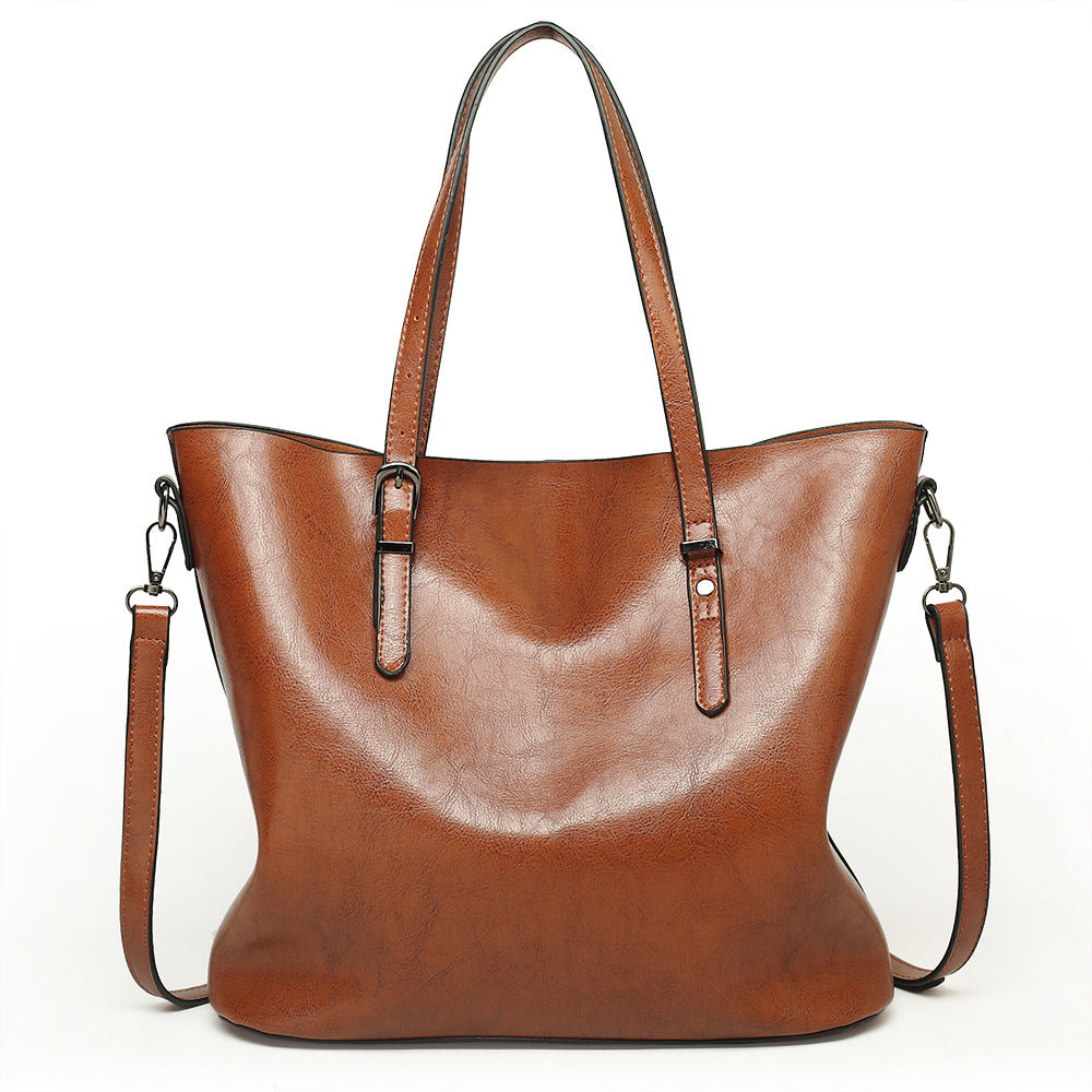 2023 European and American Fashionable Women's Bags Oil Waxed Leather Handheld Diagonal Large Capacity Tote Bag Women's Large Bag Cross-Border Wholesale