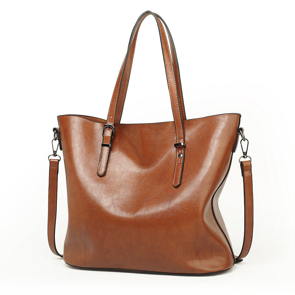 2023 European and American Fashionable Women's Bags Oil Waxed Leather Handheld Diagonal Large Capacity Tote Bag Women's Large Bag Cross-Border Wholesale
