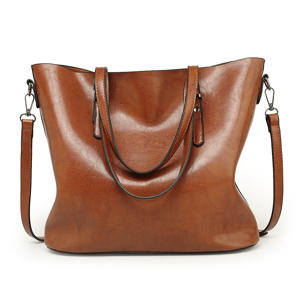 2023 European and American Fashionable Women's Bags Oil Waxed Leather Handheld Diagonal Large Capacity Tote Bag Women's Large Bag Cross-Border Wholesale