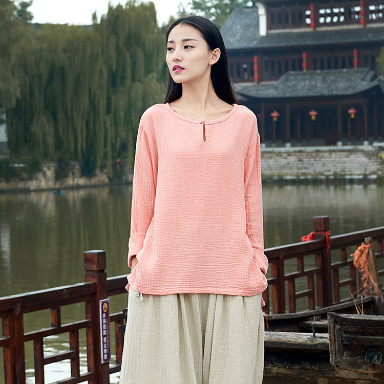 23 spring and summer cotton and linen women's new Nianbaixiu spinning Zen retro national tide button women's long-sleeved round neck T-shirt