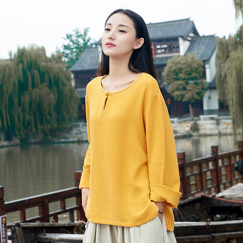 23 spring and summer cotton and linen women's new Nianbaixiu spinning Zen retro national tide button women's long-sleeved round neck T-shirt