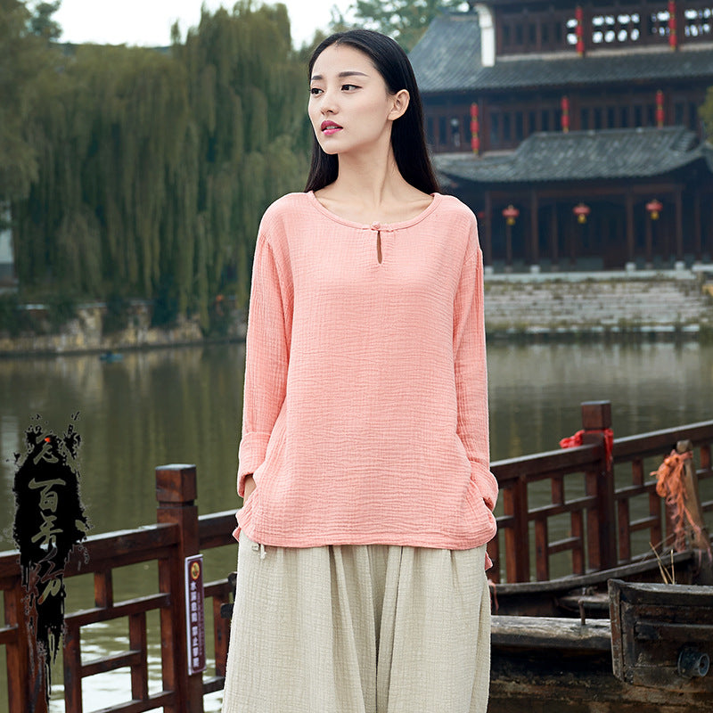 23 spring and summer cotton and linen women's new Nianbaixiu spinning Zen retro national tide button women's long-sleeved round neck T-shirt