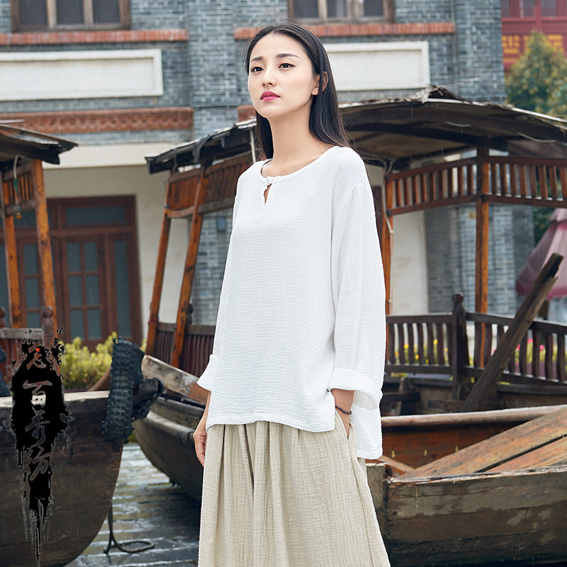 23 spring and summer cotton and linen women's new Nianbaixiu spinning Zen retro national tide button women's long-sleeved round neck T-shirt