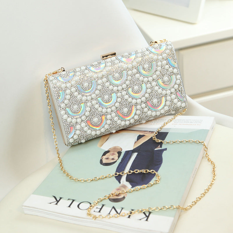 2023 New Clutch Women's Bag Pearl Rhinestone Evening Bag Geometric Pattern Single Shoulder Diagonal Chain Small Square Bag Wholesale