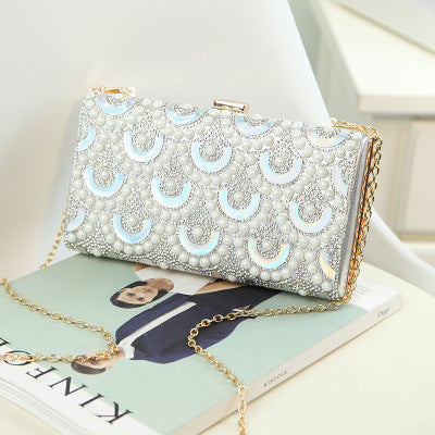 2023 New Clutch Women's Bag Pearl Rhinestone Evening Bag Geometric Pattern Single Shoulder Diagonal Chain Small Square Bag Wholesale