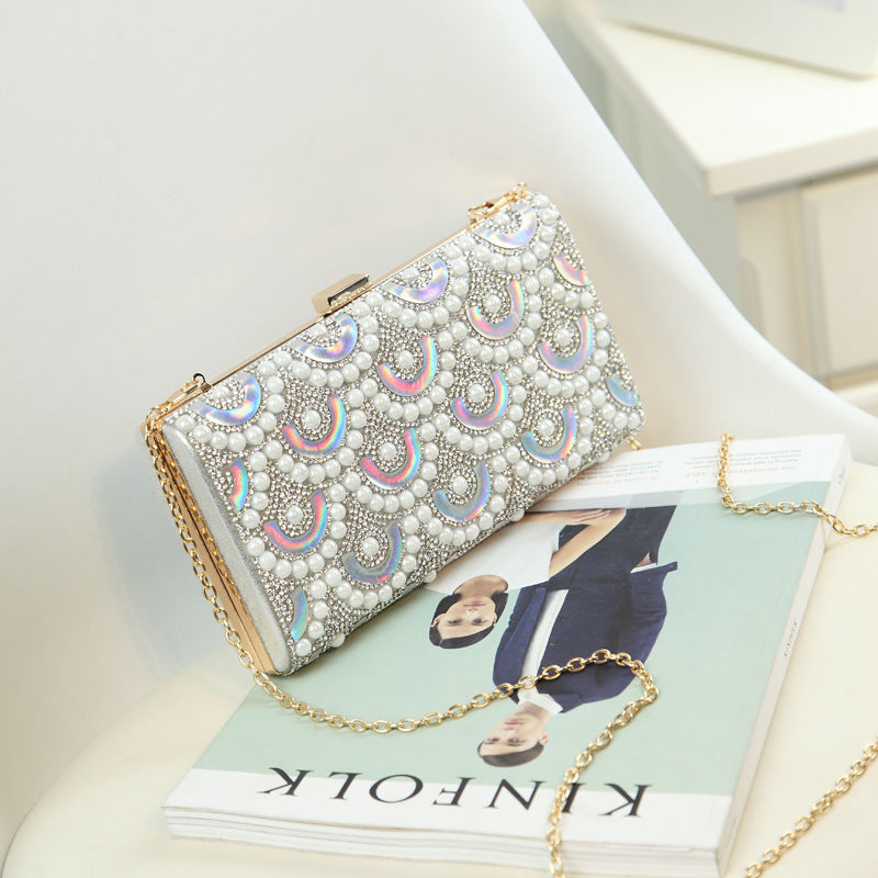 2023 New Clutch Women's Bag Pearl Rhinestone Evening Bag Geometric Pattern Single Shoulder Diagonal Chain Small Square Bag Wholesale