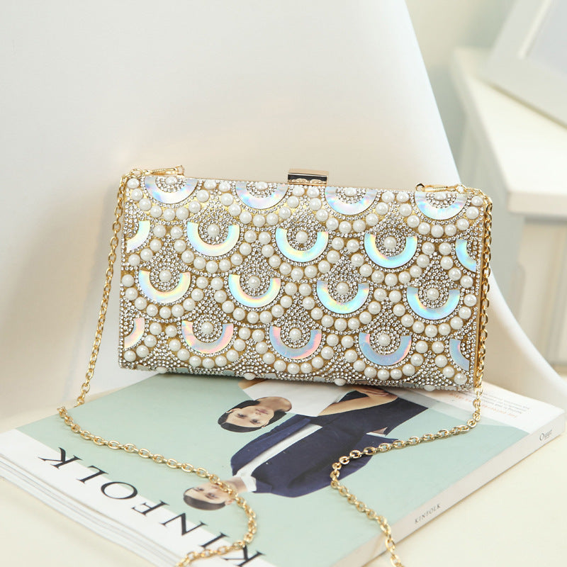 2023 New Clutch Women's Bag Pearl Rhinestone Evening Bag Geometric Pattern Single Shoulder Diagonal Chain Small Square Bag Wholesale