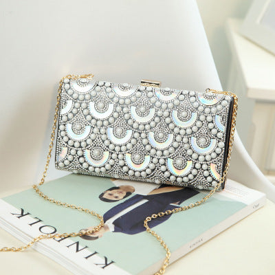 2023 New Clutch Women's Bag Pearl Rhinestone Evening Bag Geometric Pattern Single Shoulder Diagonal Chain Small Square Bag Wholesale