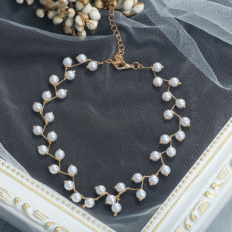 X650 Korean style temperament pearl clavicle chain choker simple all-match fold line full of pearl neck strap necklace for women