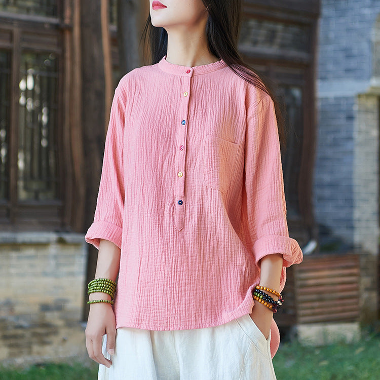 2023 spring and summer new Nianbaixiu spinning Zen cotton linen women's soft light retro art fashion long-sleeved T-shirt