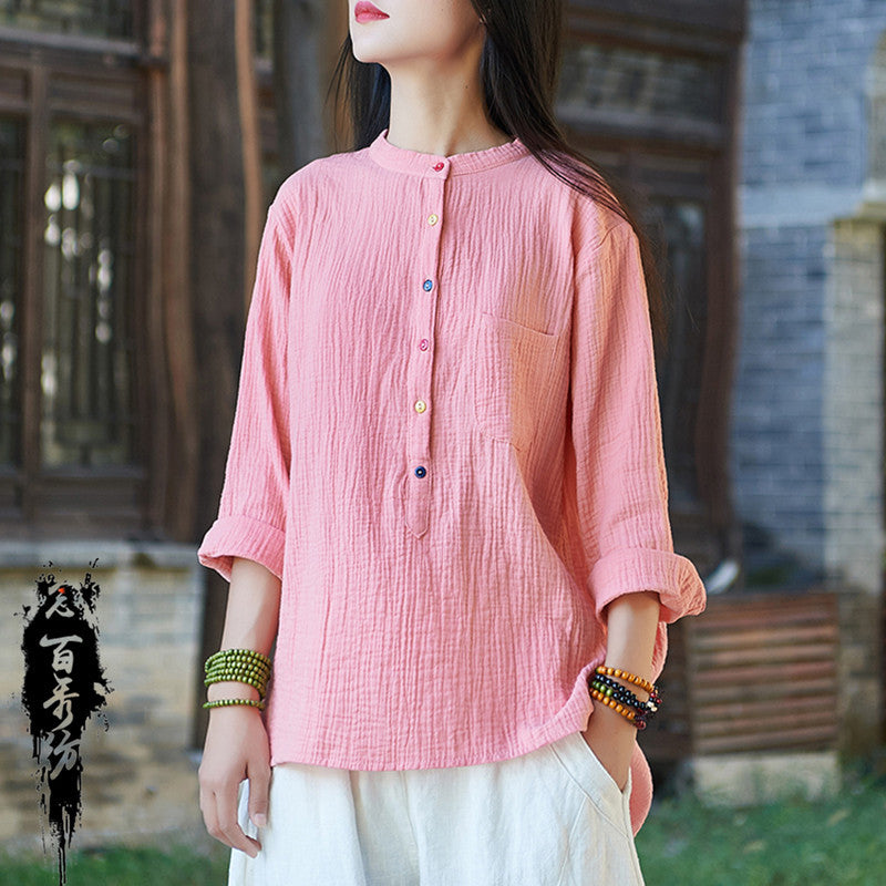 2023 spring and summer new Nianbaixiu spinning Zen cotton linen women's soft light retro art fashion long-sleeved T-shirt