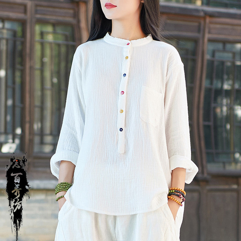 2023 spring and summer new Nianbaixiu spinning Zen cotton linen women's soft light retro art fashion long-sleeved T-shirt