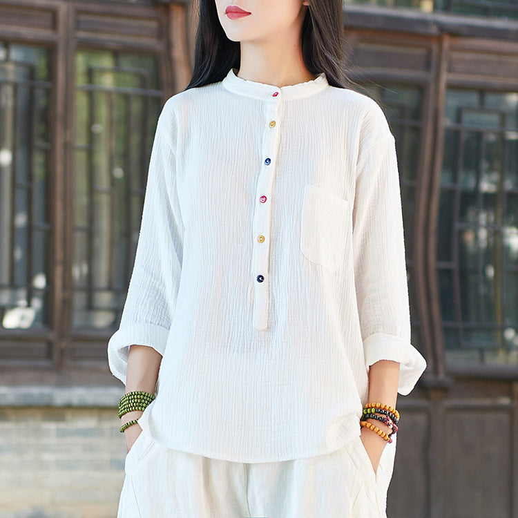 2023 spring and summer new Nianbaixiu spinning Zen cotton linen women's soft light retro art fashion long-sleeved T-shirt
