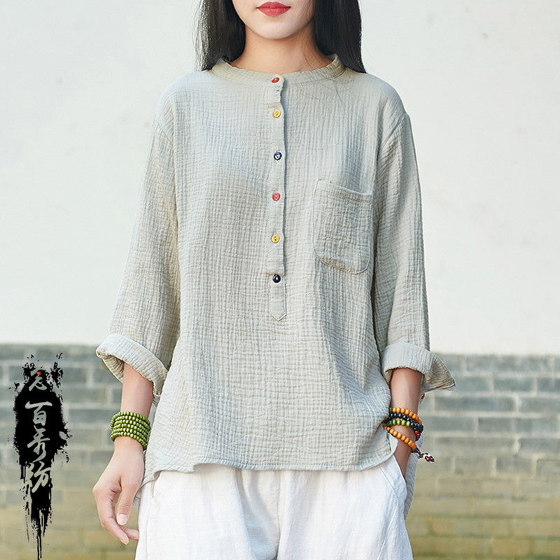 2023 spring and summer new Nianbaixiu spinning Zen cotton linen women's soft light retro art fashion long-sleeved T-shirt