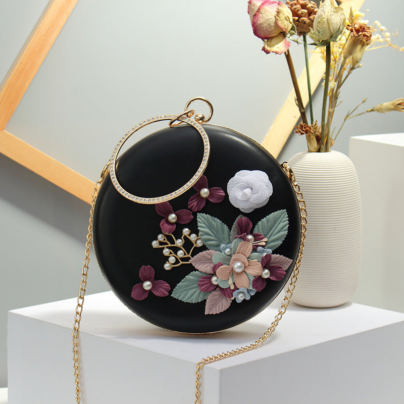 Women's bag mirror flower water moon small round bag cake-shaped bag flower pearl bag clip chain one-shoulder oblique trend small round bag