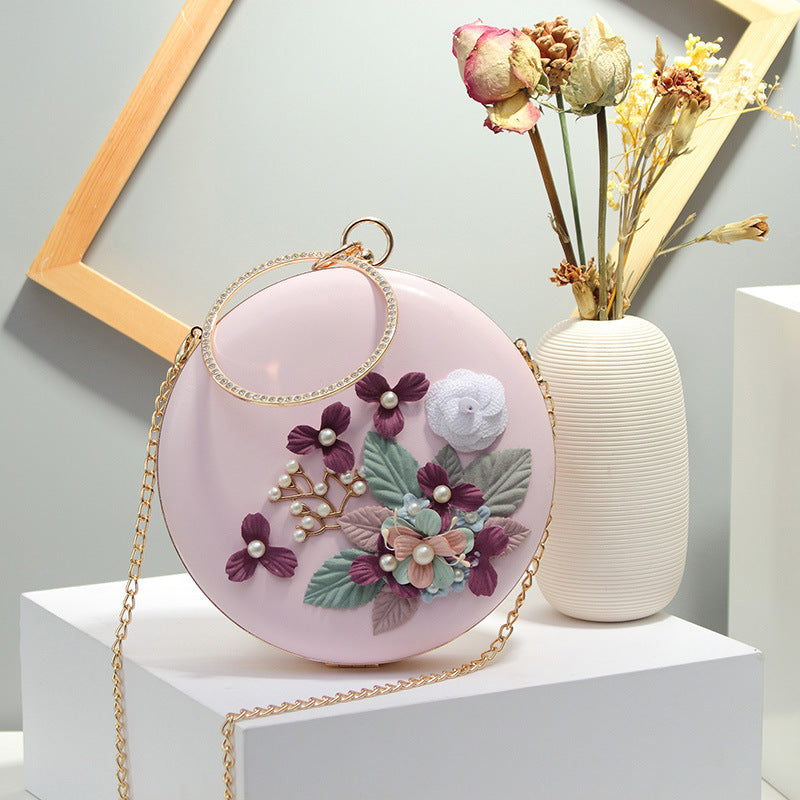 Women's bag mirror flower water moon small round bag cake-shaped bag flower pearl bag clip chain one-shoulder oblique trend small round bag