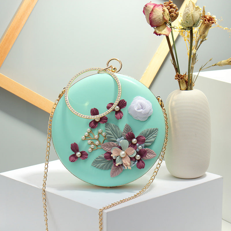Women's bag mirror flower water moon small round bag cake-shaped bag flower pearl bag clip chain one-shoulder oblique trend small round bag