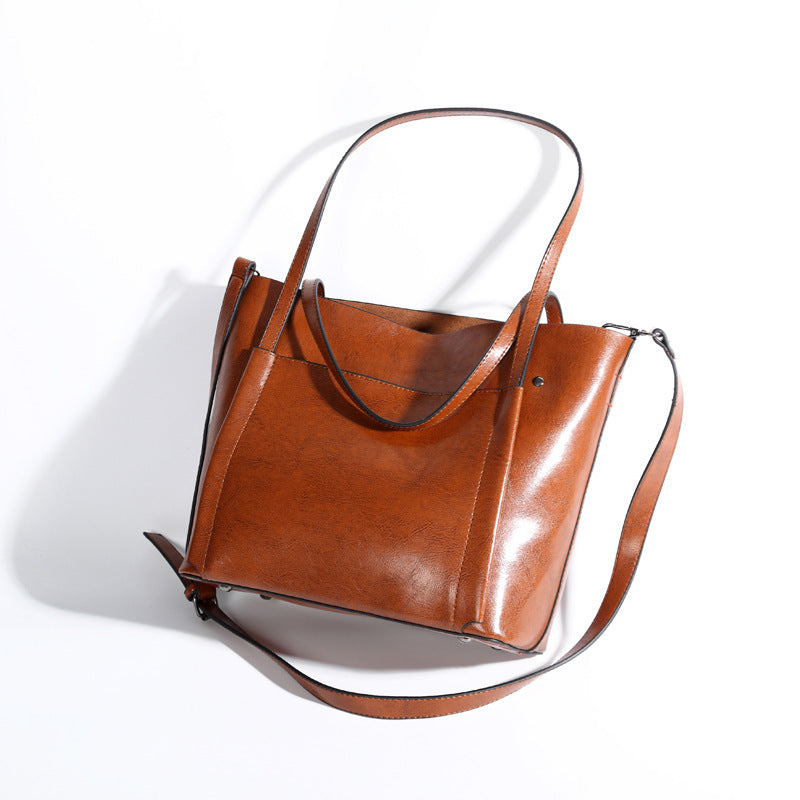2023 spring and summer fashionable women's large bag single shoulder crossbody bag simple waxed leather handheld women's tote bag new foreign trade product
