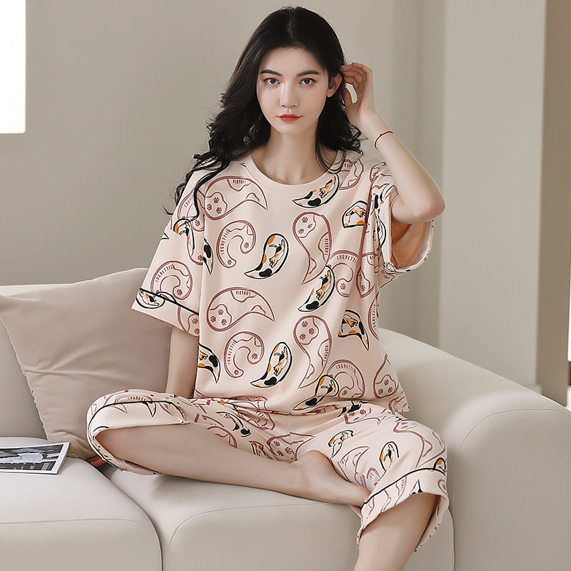 Pajamas women's summer short-sleeved cropped pants dignified and comfortable cotton large size pajamas pullover mother can wear home clothes