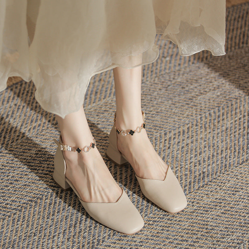 Women's 2024 summer new style all-match fairy style pearl French style mid-heel thick-heeled Mary Jane shoes