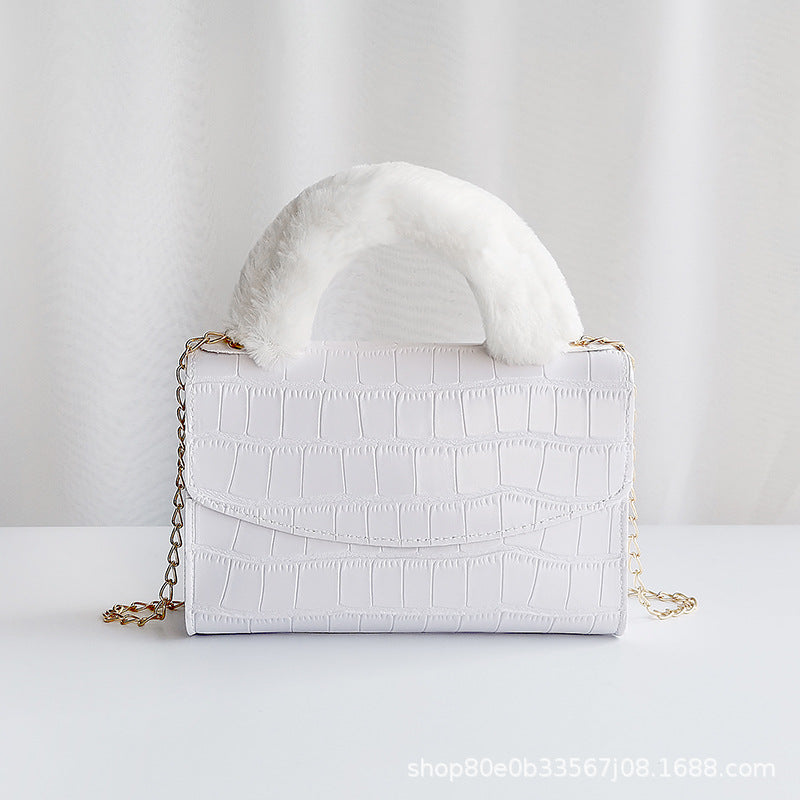 韩版毛绒手提包2021women handbag小包包女一件代发石头纹小方包