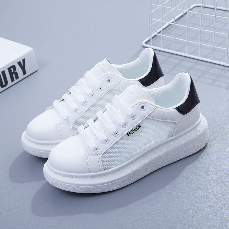 Mesh breathable သေးငယ်သောအဖြူဖိနပ်အမျိုးသမီး၏အထူအောက်ခြေအခေါင်းပေါက်ဘုတ်ဖိနပ်နွေရာသီကွက်သစ်ဖိနပ်အမျိုးသမီးကျောင်းသားပေါ့ပေါ့ဖိနပ်