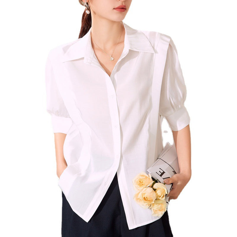 Baizi short-sleeved commuter white shirt women 2023 summer new Korean version all-match urban OL lapel shirt women's clothing
